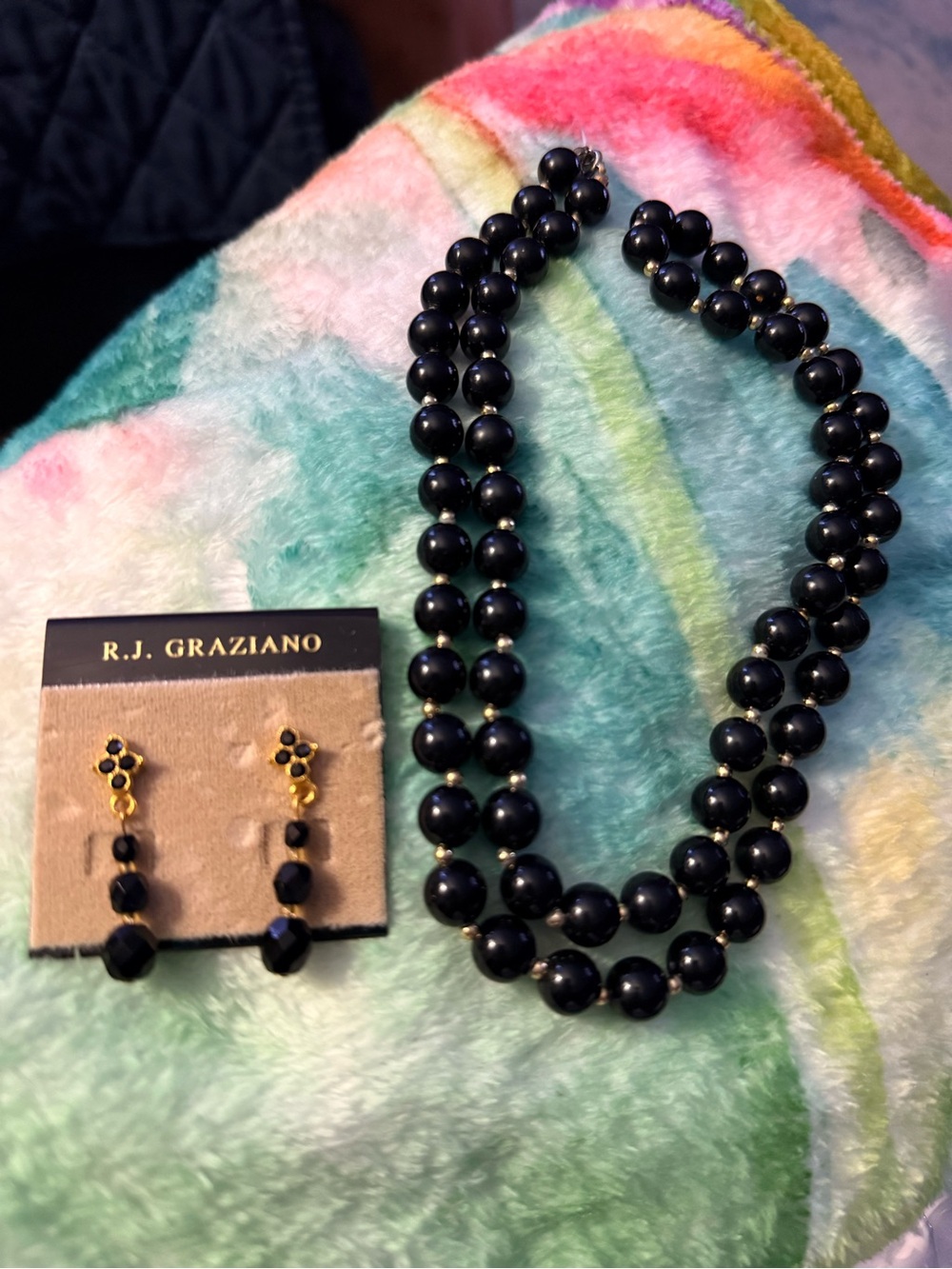 R.J. Graziano Black Double-Strand Beaded Necklace with Matching Drop Earrings